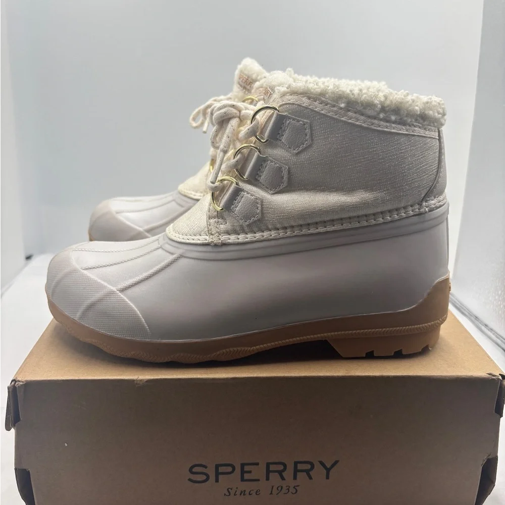 Sperry Port Alpine Cream Boots rain faux fur shimmer Girls 5